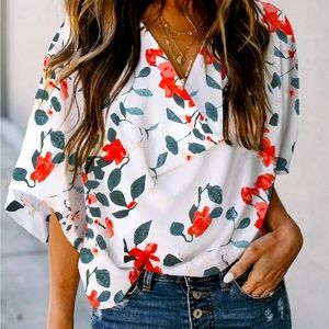 Floral Print Drape V Neck Short Sleeve Blouse